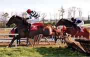 19 February 2000;  Balla Sola, Conor O'Dwyer clear the final hurdle ahead of Theatreworld, Charlie Swan, on their way to victory in the Red Mills Trial Hurdle at Gowran Park. Horse racing. Picture credit; SPORTSFILE