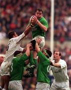 5 February 2000. Ireland's Anthony Foley wins the ball during a lineout. Six Nations Rugby International, England v Ireland, Twickenham, London, England. Picture credit; Brendan Moran/SPORTSFILE