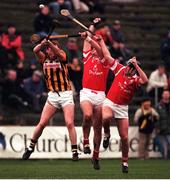 20 February 2000. Cork's Fergal McCormack (centre) and Mark Landers in action against Andy Comerford in action against Kilkenny's Andy Comerford, National Hurling League, Kilkenny v Cork, Nowlan Park, Kilkenny. Picture credit; Damien Eagers/SPORTSFILE
