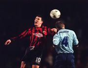 11 February 2000; Bohemian's Ray Kelly in action against Shelbourne's Tony McCarthy. Bohemians v Shelbourne, eircom League, Dalymount Park. Soccer. Picture credit; David Maher/SPORTSFILE