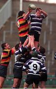 22 January 2000; Rory Sheriff, Terenure goes up for the ball with Colin McEntee, Lansdowne during the A.I.B. League Divison 1, Lansdowne v Terenure, Lansdowne Road, Dublin. Rugby. Picture credit; Matt Browne/SPORTSFILE.