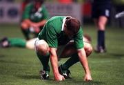 20 October 1999; Ireland's Matt Mostyn dejected at the final whistle after defeat to Argentina. Rugby World cup, Stade Felix Bollaert, Lens, France. Picture credit; Brendan Moran/SPORTSFILE