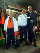 9 October 1999; From Left, Republic of Ireland's Charlie O'Leary (equipment officer), Mick Byrne (physio) and Mick McCarthy (manager) stand for the National Anthem before the game against Macedonia. Stadium, Skopje, Macedonia. Picture credit; David Maher/SPORTSFILE