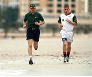 13 October 1999; Sean og De Paor, right, and team Physio Ronan Carolan on a short run along the local beach in Adelaide, in preparation for Friday's second test against Australia. Internatonal Rules. Picture credit; Ray McManus/SPORTSFILE