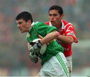 18 July 1999; Aodán MacGearailt, Kerry, in action against Sean Og O'hAilpin, Cork. Cork v Kerry, Munster Senior Football Final, Pairc Ui Chaoimh, Cork. Picture credit; Brendan Moran/SPORTSFILE