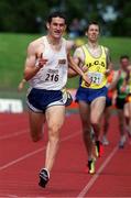 25 July 1999; Gareth Turnbull celebrates winning the mens 800m from second place man David Matthews during the TNT - BLE Senior Track & Field Championships of Ireland '99 at Morton Stadium, Santry, Dublin. Athletics. Picture credit; Matt Browne/SPORTSFILE.