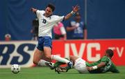 18 June 1994; Phil Babb of Republic of Ireland tackles Dino Baggio of Italy during the FIFA World Cup 1994 Group E match between Republic of Ireland and Italy at Giants Stadium in New Jersey, USA. Photo by Ray McManus/Sportsfile