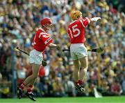 4 July 1999; (left) Sean McGrath congratulates Joe Deane (15) on scoring Cork's only goal of the game. Cork v Clare, Munster Senior Hurling Final, Semple Stadium, Thurles. Picture credit; Damien Eagers/SPORTSFILE