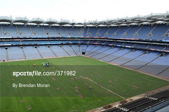 Preparations continue on the Croke Park pitch ahead of this weekend's GAA Football All-Ireland Quarter-Finals